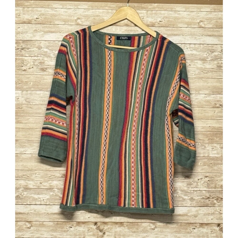 Vintage Chaps Vertical Stripe Pullover Sweater 3/4 Sleeves Green Orange Womens M